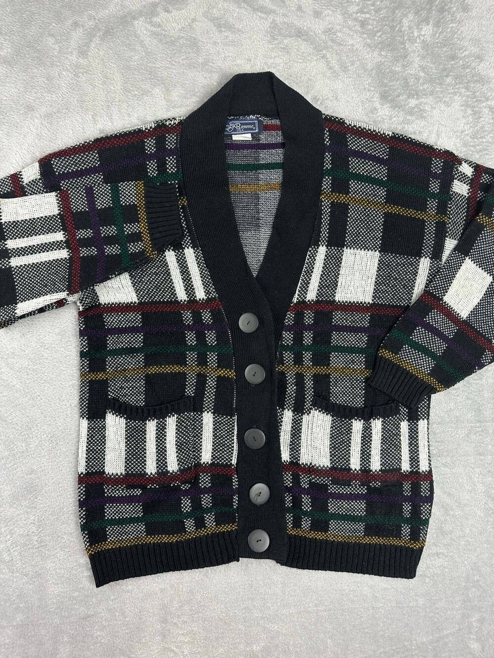 VTG 90s JJ Browne Mens XL Check Plaid Grandpa Cardigan Sweater Retro Cabin Boxy